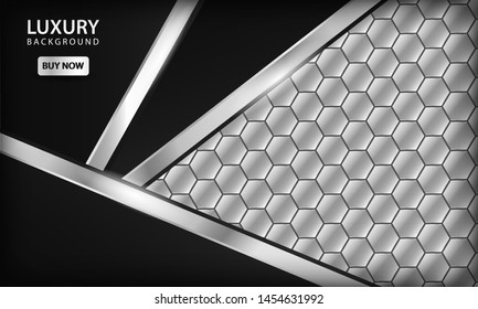 Silver and black metallic corporate background. Elegant luxury realistic metal template with modern hexagon geometric pattern.