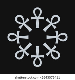 Prata, preto radial ankh símbolos cruz. Um hieróglifo originário do antigo Egito que representa vida, imortalidade e reencarnação.