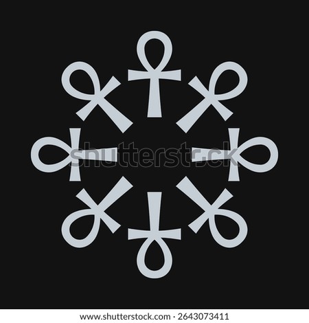 Silver, black radial ankh cross symbols. A hieroglyph originating from ancient Egypt that represents life, immortality and reincarnation.