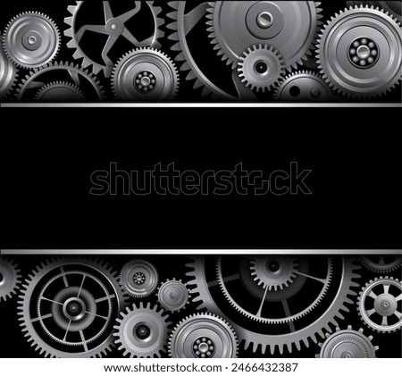 Silver black technology background with gears and cogs, 3d vector illustration.