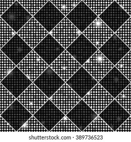 Textura vintage estilo ajedrez, plateada y negra, con flores de clavo y redondos brillantes. Ilustración del vector