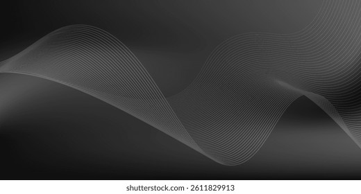 Silver  Black and white Original Background. Natural Smooth Surface Illustration. Grey Wavy Gradient Mesh. Blank Metallic Horizontal Lines Backdrop. Monochromatic Alluminium Wavy Gradient Mesh.