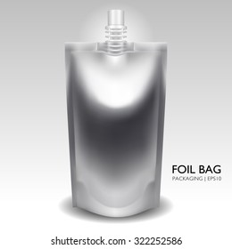 Silver blank foil bag packaging with lid for liquid, sauce, mayonnaise, ketchup, beverage, drink or food. Blank spout pouch, bag foil or foil packaging.