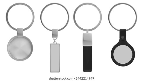 Silver blank key chair ring template vector design. Isolated metal keyring round mockup for branding, car lock or home. Rectangular empty frame tag and magnetic label for identity and advertising