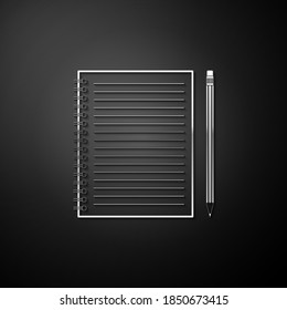 Silver Blank notebook and pencil with eraser icon isolated on black background. Long shadow style. Vector.