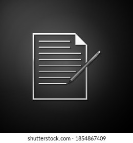 Silver Blank notebook and pencil with eraser icon isolated on black background. Paper and pencil. Long shadow style. Vector.