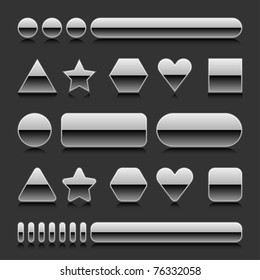 Silver blank web 2.0 geometric shape button metal various form with black reflection on gray background