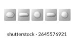 Silver blister pack pills - white 3d tablets, capsules in metallic foil packaging for pharmaceutical display. Medicine oval, round, scored forms sealed individually on aluminum sheets for drug store.