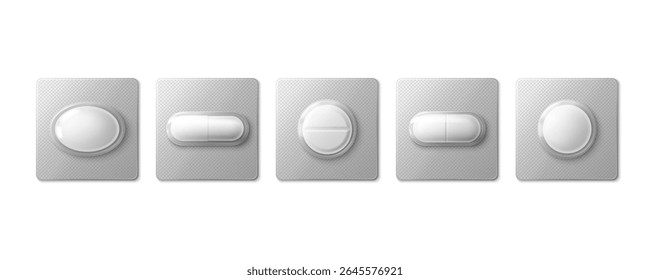 Silver blister pack pills - white 3d tablets, capsules in metallic foil packaging for pharmaceutical display. Medicine oval, round, scored forms sealed individually on aluminum sheets for drug store.