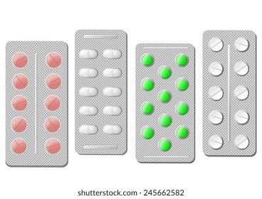 Silver blister pack of pink, white and green pills for pharmaceutical advertising and healthcare concept design