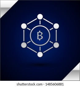 Silver Blockchain technology Bitcoin icon isolated on dark blue background. Abstract geometric block chain network technology business.  Vector Illustration