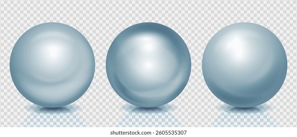 Silver blue 3d balls realistic set, Textured pearl spheres with shining highlights and shadows on transparent background, Vector illustration.