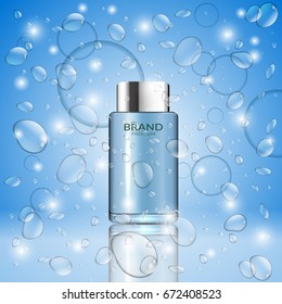Silver blue bottle  mock up water drops cosmetics  eps 10 vector