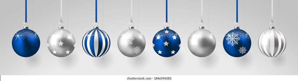 Silver and blue christmas balls with shadow