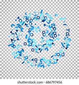 Silver blue confetti on a transparent background. Festive shining elements in the memphis style. Flat glitter. Abstract festive decoration and ribbons. Glamorous vector background.