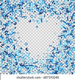 Silver blue confetti on a transparent background. Festive shining elements in the memphis style. Flat glitter. Abstract festive decoration and ribbons. Glamorous vector background.