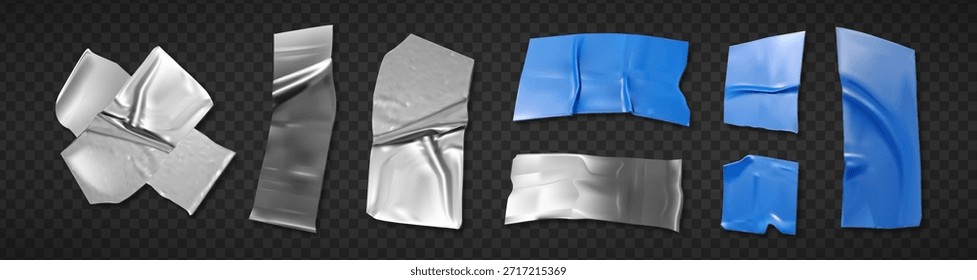 Conjunto de parche de cinta adhesiva plateada y azul con pegatinas adhesivas escocesas en estilo realista 3d. Tiras arrugadas, arrugadas y desgarradas lisas sobre fondo transparente para proyectos de reparación o elaboración.