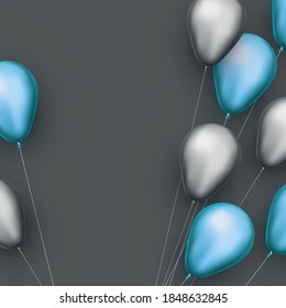 Globos de lámina plateados y azules con hilos de fondo gris oscuro. Espacio para texto. Ilustración festiva vectorial.