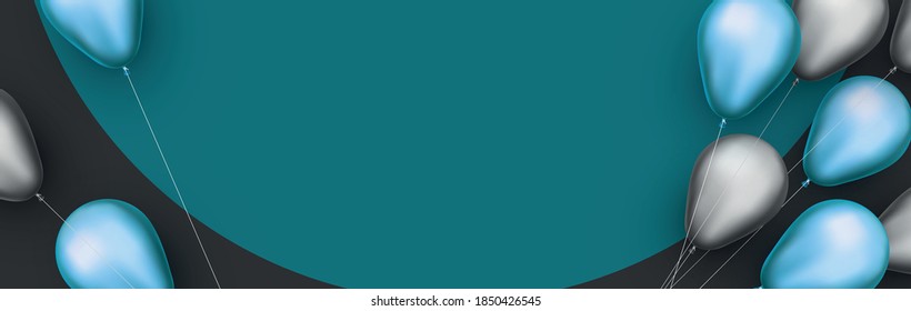 Silver and blue foil balloons with threads on blue round background with black. Space for text. Vector festive illustration.