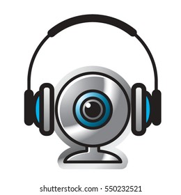 silver & blue icon with web cam & headset-vector drawing