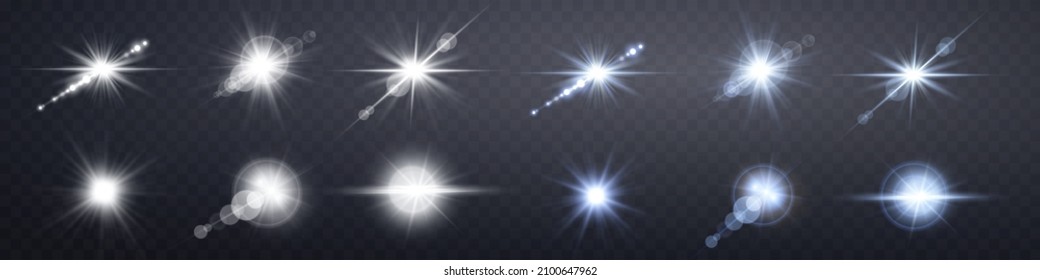 Silver and blue lens flares set.
Isolated on transparent background. Sun flash with rays or spotlight and bokeh. Glow flare light effect. Vector illustration.