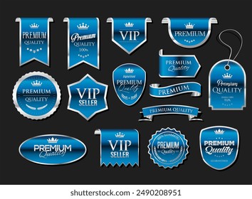 Silver and blue luxury labels and badges gold premium quality certificate ribbons vector illustration	