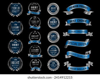Bandas de etiquetas de alta calidad de color azul plateado en la ilustración vectorial de fondo negro.	