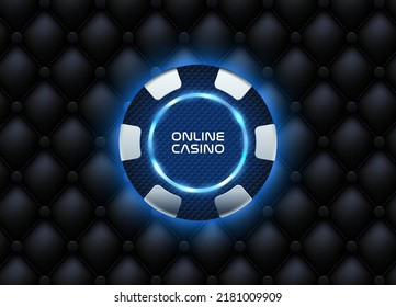 Silver blue neon light poker chip black textured plastic vector casino logo on black upholstery leather luxury background. Futuristic poker tournament or club emblem blue LED light circle backlight