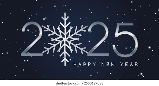 Silver and blue sparkly snowflake Happy New Year banner design