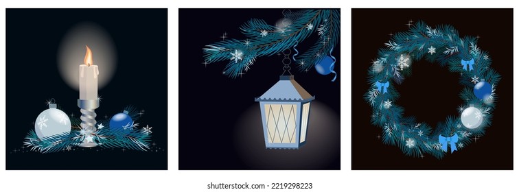 Decoración de navidad plateada, azul y blanca sobre fondo negro. Linterna colgante, vela ardiente, corona de navidad. Ilustración del vector