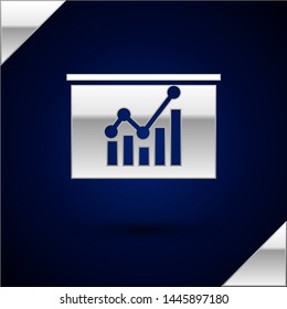 Silver Board with graph chart icon isolated on dark blue background. Report text file icon. Accounting sign. Audit, analysis, planning.  Vector Illustration