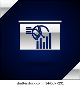Silver Board with graph chart icon isolated on dark blue background. Report text file icon. Accounting sign. Audit, analysis, planning.  Vector Illustration