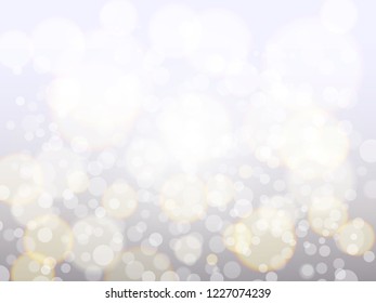 Silver bokeh background. Christmas backdrop concept. Abstract blurred lights. Bright glowing dust and sparkle. Festive defocused lights. Vector illustration.