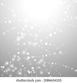 Silver Bokeh Christmas Background. Snow Flakes on Light Grey. Blurred Vector Design. Holiday Winter Backdrop With Glow and Overlay Effect. Season Bling Christmas Decoration.