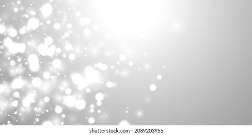 Silver Bokeh Christmas Background. Snow Flakes on Light Grey. Blurred Vector Design. Holiday Winter Backdrop With Glow and Overlay Effect. Season Bling Christmas Decoration.