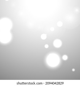 Fondo de Navidad de Bokeh Plateado. Nieve se lanza sobre el gris claro. Diseño de vectores borrosos. Fondo de invierno de vacaciones con efecto de resplandor y superposición. Decoración navideña de temporada.