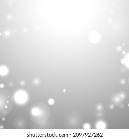 Silver Bokeh Christmas Background. Snow Flakes on Light Grey. Blurred Vector Design. Holiday Winter Backdrop With Glow and Overlay Effect. Season Bling Christmas Decoration.