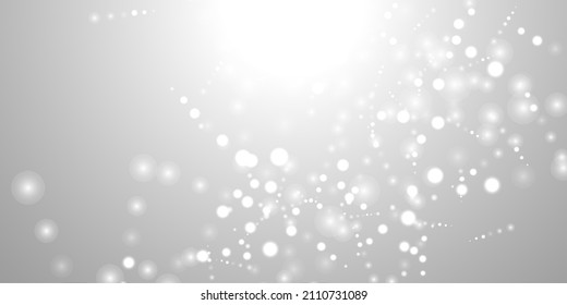 Silver Bokeh Christmas Background. Snow Flakes on Light Grey. Blurred Vector Design. Holiday Winter Backdrop With Glow and Overlay Effect. Season Bling Christmas Decoration.