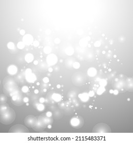 Fondo de Navidad de Bokeh Plateado. Nieve se lanza sobre el gris claro. Diseño de vectores borrosos. Fondo de invierno de vacaciones con efecto de resplandor y superposición. Decoración navideña de temporada.