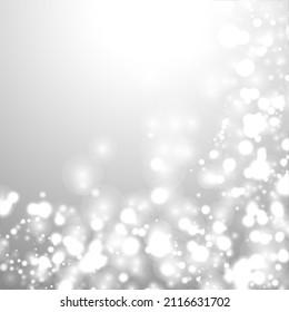 Silver Bokeh Christmas Background. Snow Flakes on Light Grey. Blurred Vector Design. Holiday Winter Backdrop With Glow and Overlay Effect. Season Bling Christmas Decoration.