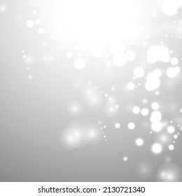 Silver Bokeh Christmas Background. Snow Flakes on Light Grey. Blurred Vector Design. Holiday Winter Backdrop With Glow and Overlay Effect. Season Bling Christmas Decoration.