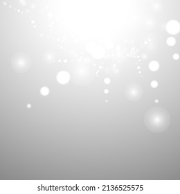 Silver Bokeh Christmas Background. Snow Flakes on Light Grey. Blurred Vector Design. Holiday Winter Backdrop With Glow and Overlay Effect. Season Bling Christmas Decoration.