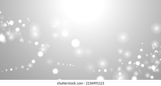 Silver Bokeh Christmas Background. Snow Flakes on Light Grey. Blurred Vector Design. Holiday Winter Backdrop With Glow and Overlay Effect. Season Bling Christmas Decoration.