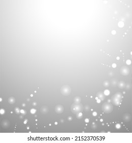 Silver Bokeh Christmas Background. Snow Flakes on Light Grey. Blurred Vector Design. Holiday Winter Backdrop With Glow and Overlay Effect. Season Bling Christmas Decoration.
