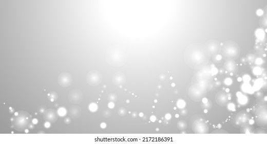 Silver Bokeh Christmas Background. Snow Flakes on Light Grey. Blurred Vector Design. Holiday Winter Backdrop With Glow and Overlay Effect. Season Bling Christmas Decoration.