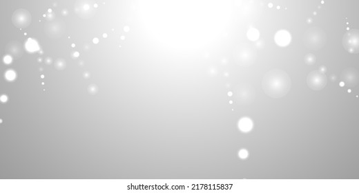 Silver Bokeh Christmas Background. Snow Flakes on Light Grey. Blurred Vector Design. Holiday Winter Backdrop With Glow and Overlay Effect. Season Bling Christmas Decoration.