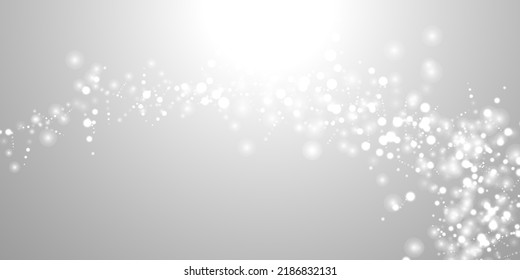 Fondo de Navidad de Bokeh Plateado. Nieve se lanza sobre el gris claro. Diseño de vectores borrosos. Fondo de invierno de vacaciones con efecto de resplandor y superposición. Decoración navideña de temporada.