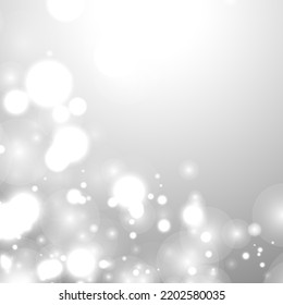 Silver Bokeh Christmas Background. Snow Flakes on Light Grey. Blurred Vector Design. Holiday Winter Backdrop With Glow and Overlay Effect. Season Bling Christmas Decoration.