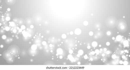 Silver Bokeh Christmas Background. Snow Flakes on Light Grey. Blurred Vector Design. Holiday Winter Backdrop With Glow and Overlay Effect. Season Bling Christmas Decoration.