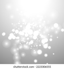 Silver Bokeh Christmas Background. Snow Flakes on Light Grey. Blurred Vector Design. Holiday Winter Backdrop With Glow and Overlay Effect. Season Bling Christmas Decoration.